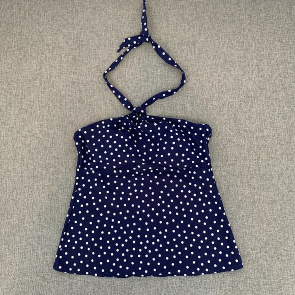 St. Johns Bay Polkadot Tankini Size 8 Swimwear Top Halter Straps Blue & White